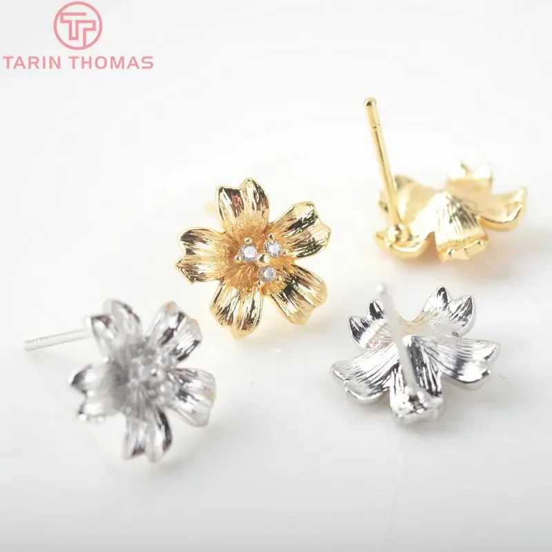 (2531)6PCS Flower 11x11MM 24K Gold Color Brass with Zircon Flower Stud Earrings Pins High Quality jewellery Accessories