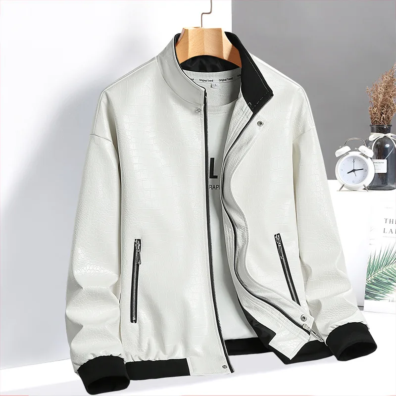 New alligator leather line fashion trend stand-up collar zipper crisp shoulders men's leather jacket