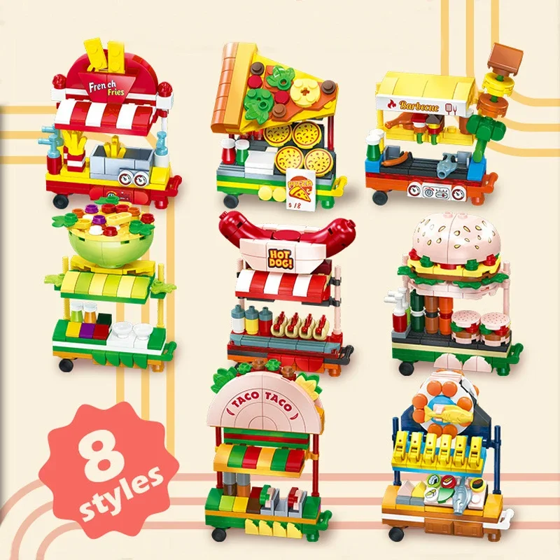 Street View Series City French Fry Stall Building Blocks Creative Expert Night Market Stall Model Bricks Toys For Kid Gift MOC