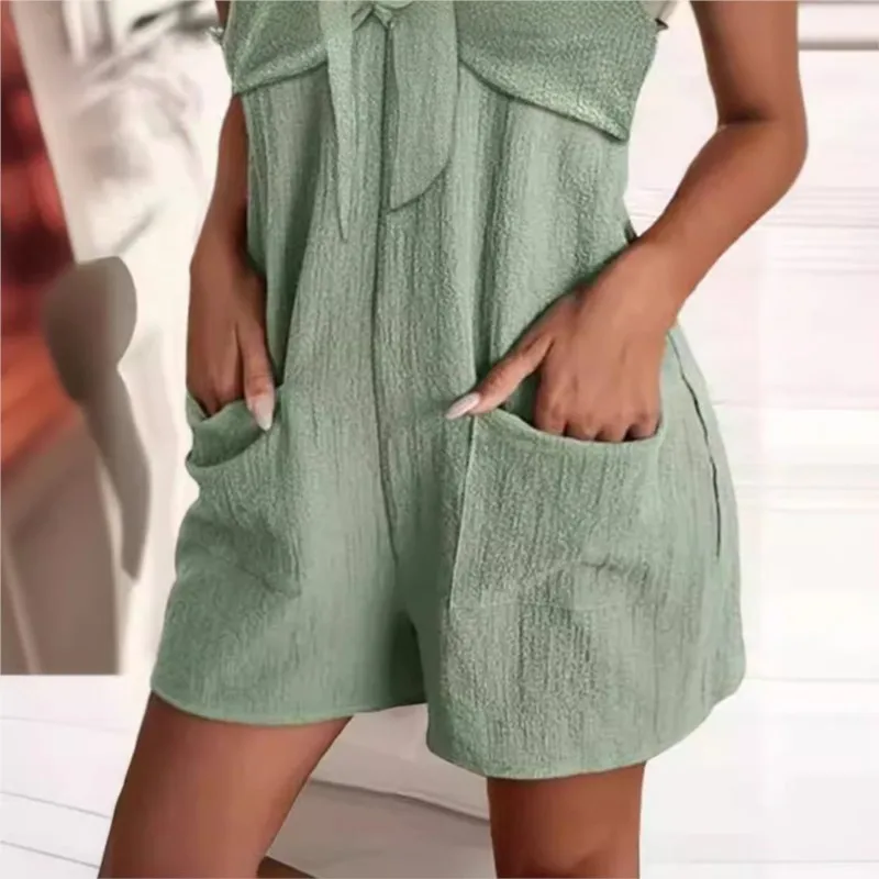 Sexy Jumpsuit Women Summer Fashion Chain Strap Pocket Knotted Metal Suspender Pocket Short Casua Romper Jumpsuit Women Clothing