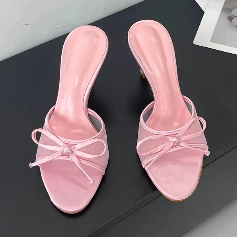 

Летние сетчатые тонкие высокие тапочки с узлом-бабочкой, женские дышащие туфли на высоком каблуке для вечеринок, элегантные модные сандалии, женские шлепанцы