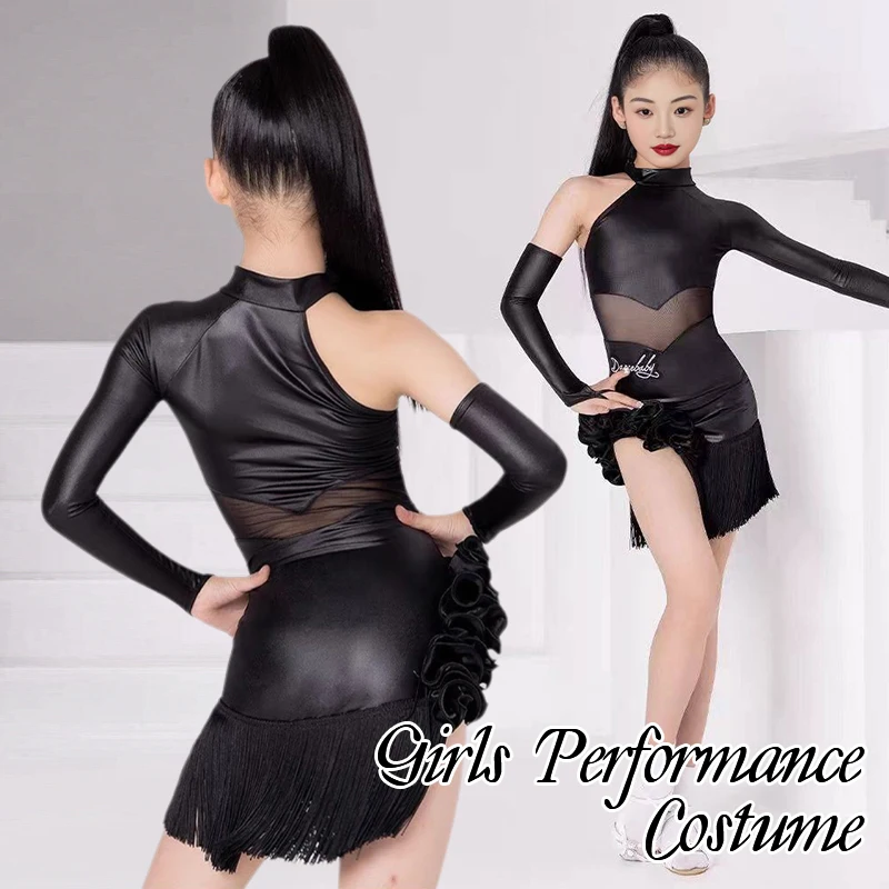 

2025 Girls Performance Costume One-Sleeve Black Fringe Skirt Kids Latin Dance Clothes Samba Cha-cha Competition Training Dress