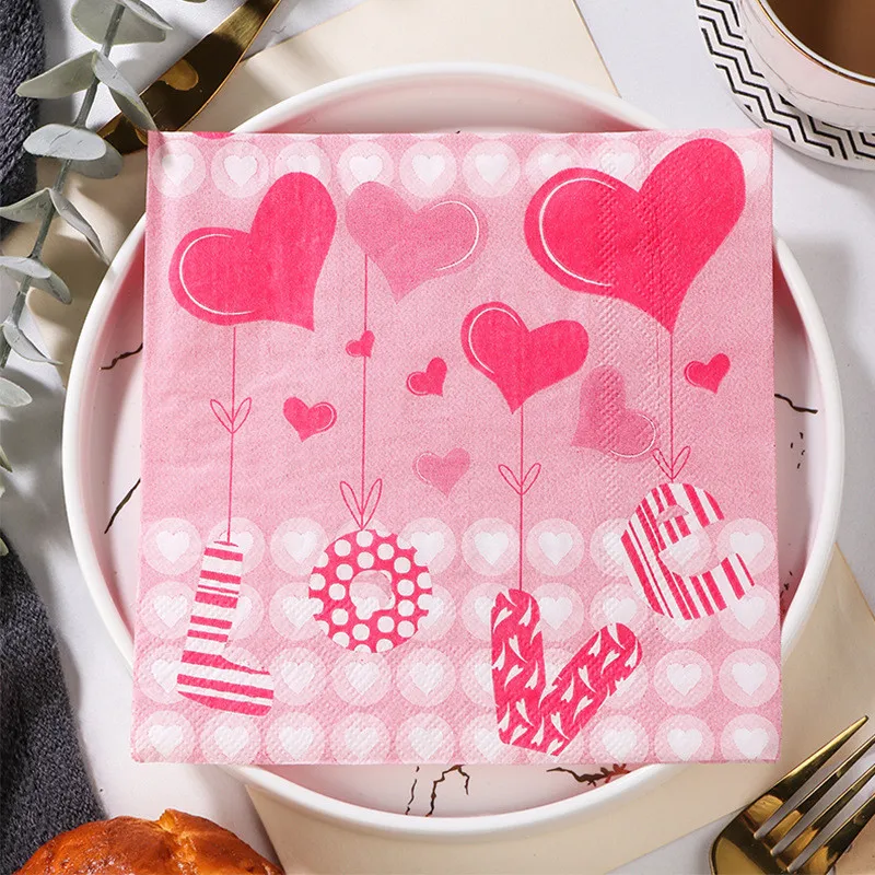 20Pcs/pack Lover Heart Rose Printed Paper Disposable Tableware Napkin Tissues DIY Wedding Party Decoration