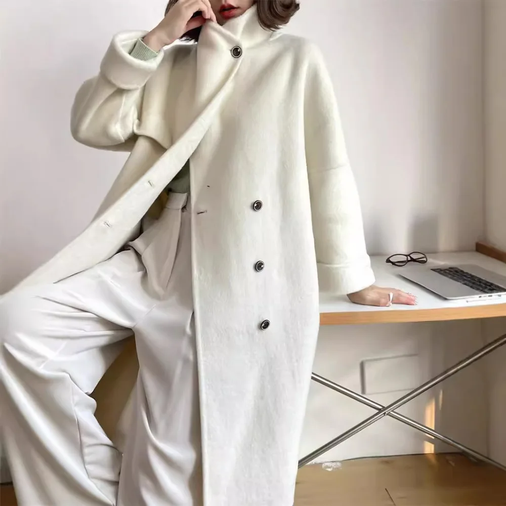 TWOTWINSTYLE Solid Spliced Button Loose Wool Coats for Women Stand Neck Long Sleeve Temperament Casual Coat Female