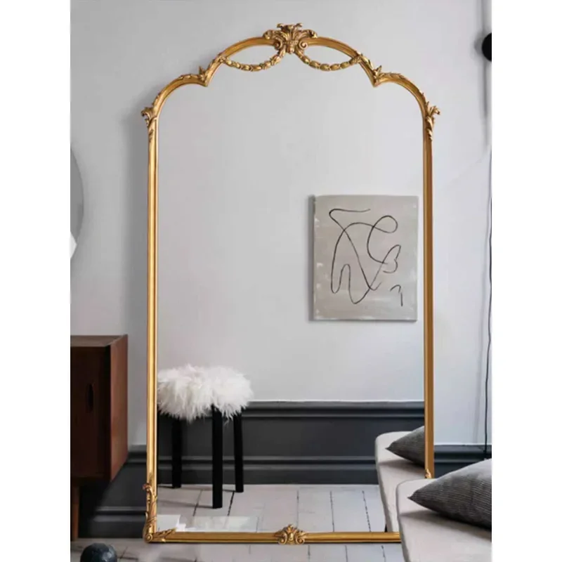 for French Retro Full Body Mirror European Solid Wood Carving Flower Floor Mirror Bedroom Against The Wall Golden Full Length