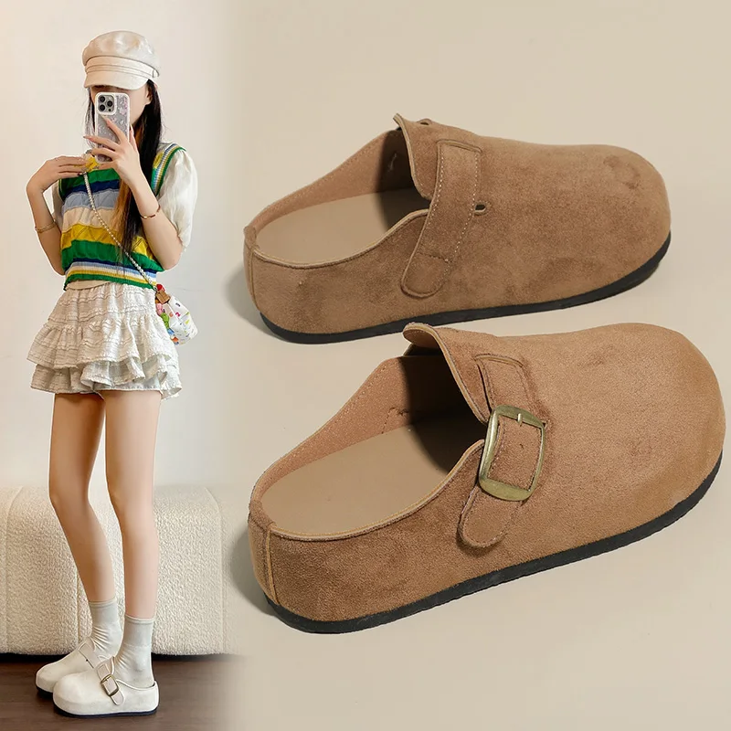 

Женские новые ретро-мюли 2026 года с закрытым носком на танкетке, на платформе, из замши, с нескользящей резиновой подошвой, повседневные уличные сандалии без застежек
