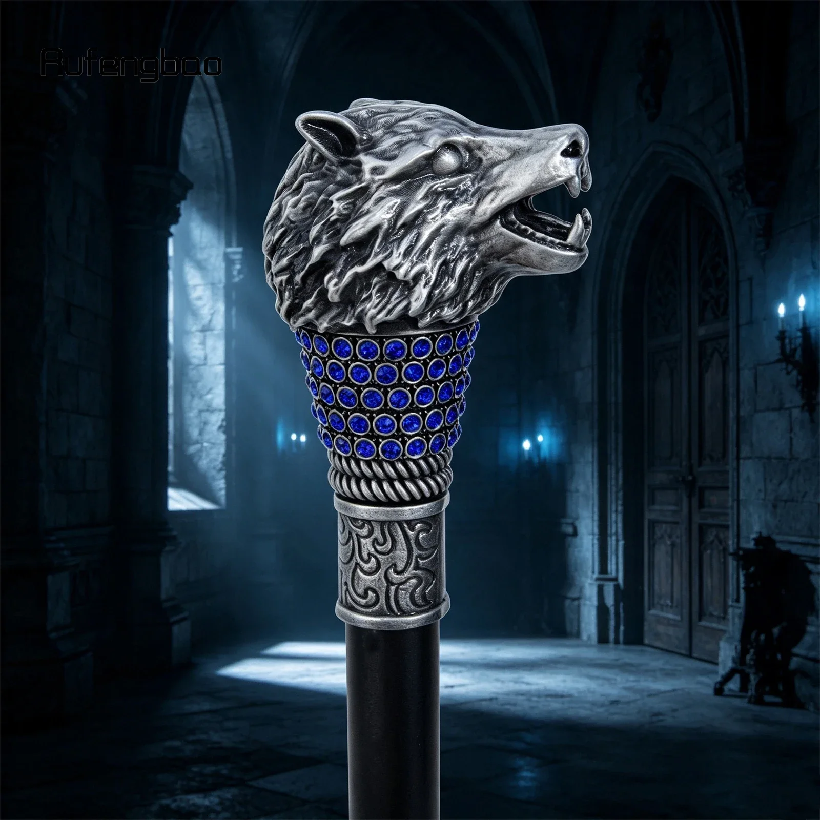 Golden Blue Wolf Head Decorative Stick Parties Decorative Cane for Halloween for Cosplay and Parties Cane 93cm