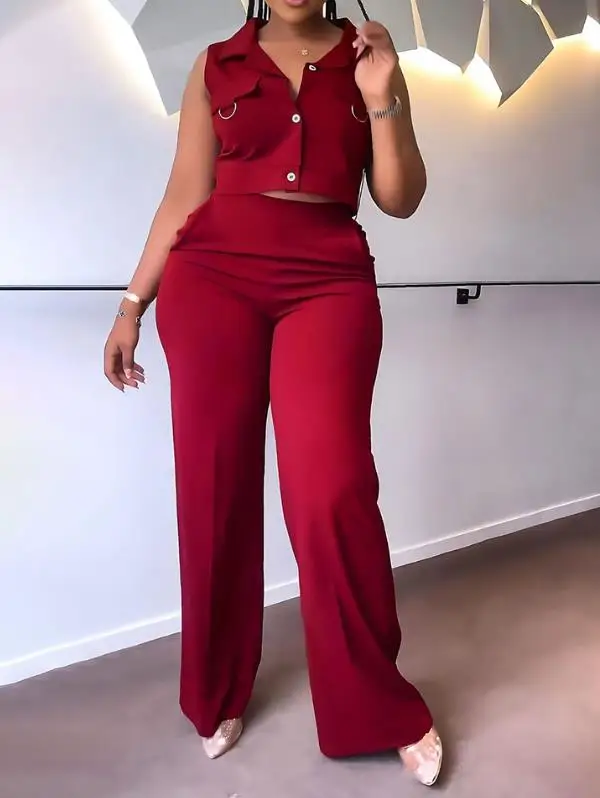 Two Piece Set Women Outfit 2023 Summer Fashion Sleeveless Turn-Down Collar Crop Top & Casual High Waist Pocket Design Pants Set