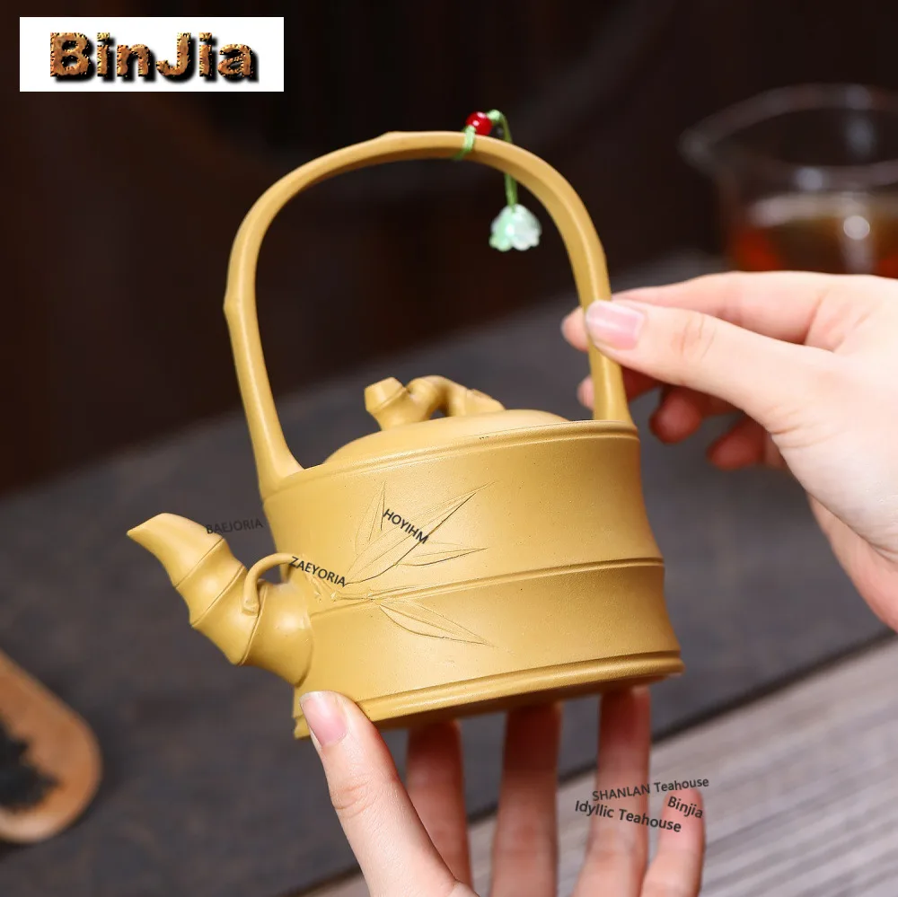 310ml Retro Yixing Purple Clay Teapots Handmade Bamboo Joint Lifting Handle Pot Raw Ore Golden Section Mud Kettle Zisha Tea Set