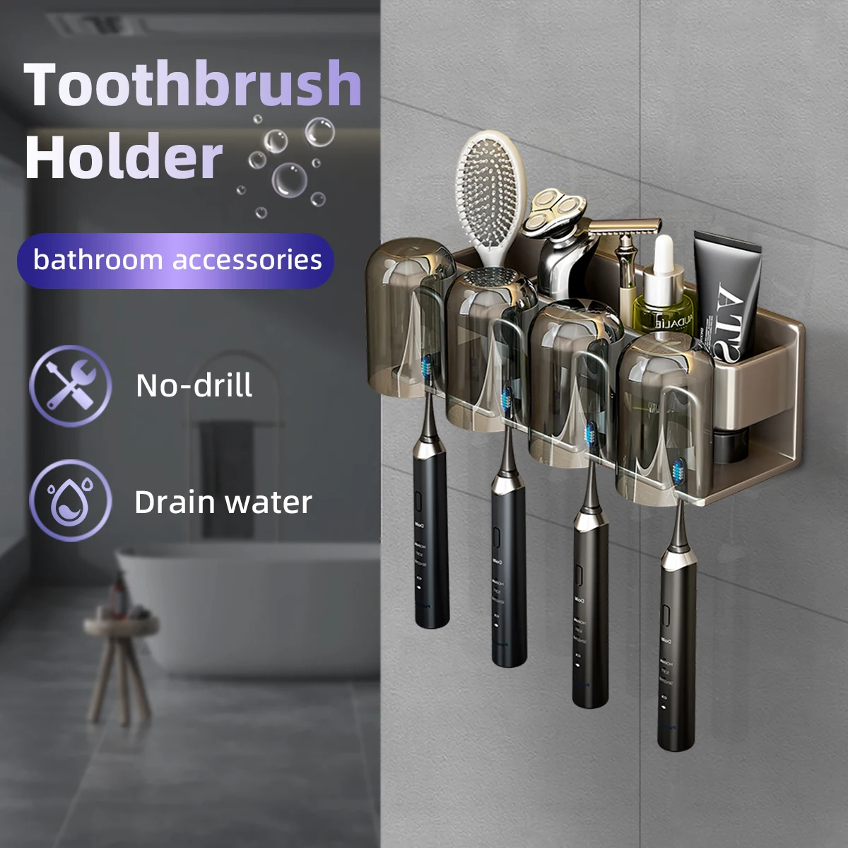 Bathroom Toothbrush Holder Wall Mounted Aluminum Toothbrush And Cup Holder Cosmetics Storage Shelf Rack Bathroom Accessories