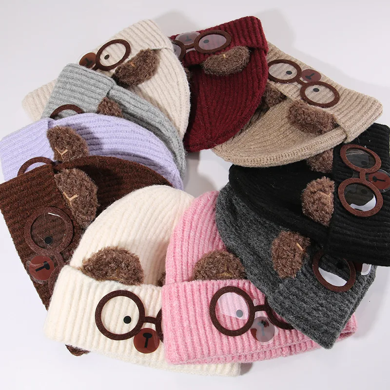 Cute Bear Ear Knitted Caps Women's Autumn And Winter Keep Warm Cartoon Bear Glasses Ear Protector Beanie Hats