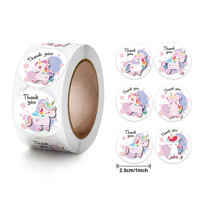 500pcs/roll Thank you Tag Sticker Cute Cartoon Unicorn Sticker Birthday Wedding Souvenir Gift Bag Decoration Label Stickers