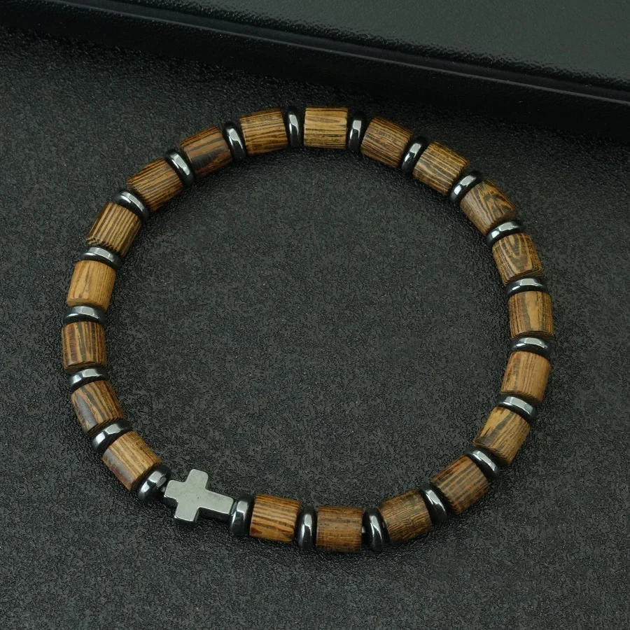 1Pcs Boho Natural Barrel Wooden Beads Bracelet for Men Black Gallstone Cross Healing Beaded Braclets Elastic Jewelry Joias view 6