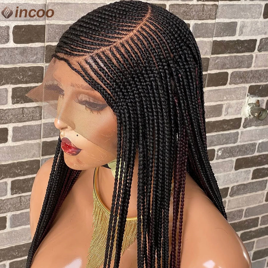 Synthetic Side Part Cornrow Braids Wigs Knotless Full Lace Braided Wigs 36'' Goddess Burgundy Blonde Braids Wigs For Black Women