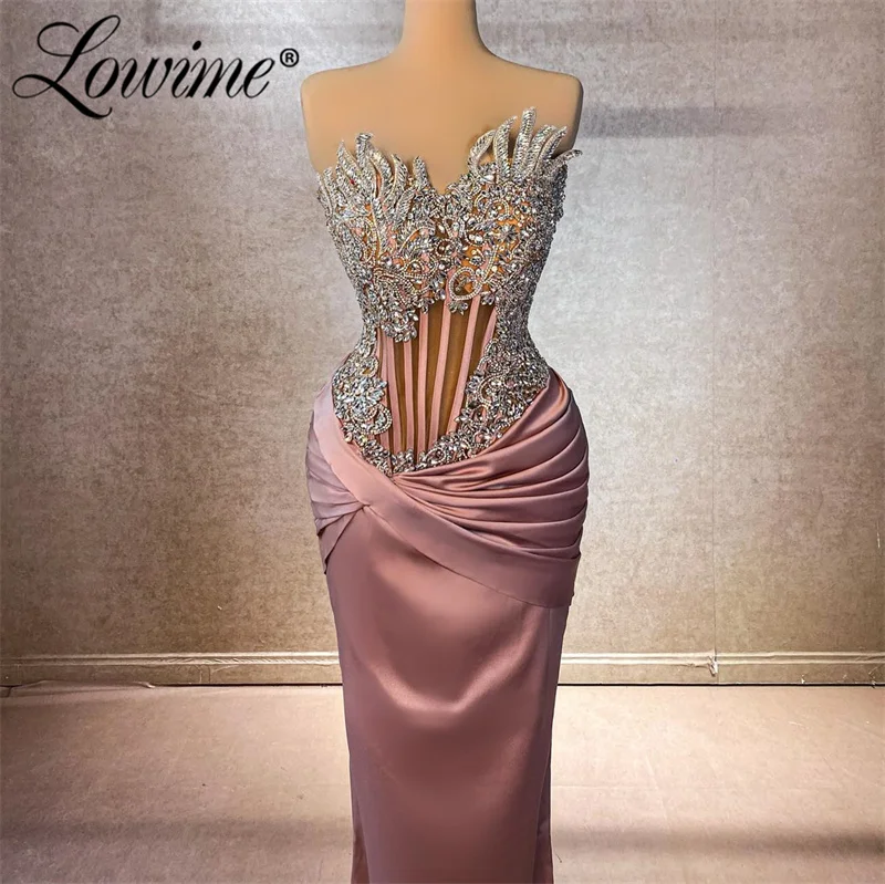 Pink Green Floor Length Prom Dresses Robe De Soiree 2024 Sweetheart Crystals Evening Dress Gown Satin Bespoke Occasion Dresses