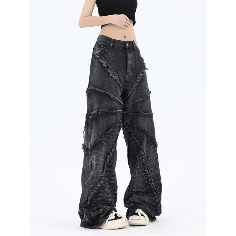 Deeptown Black Vintage Women\'s Jeans Y2k Streetwear Oversized Stacked Denim Pants Gothic Designer Korean Fashion Trousers Acubi