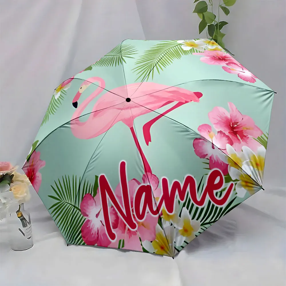 Custom Name Tropical Flamingo Umbrella with Floral Patterns Print 8 Iron Ribs Folding Umbrella, Auto-Open Fashion Sunshade