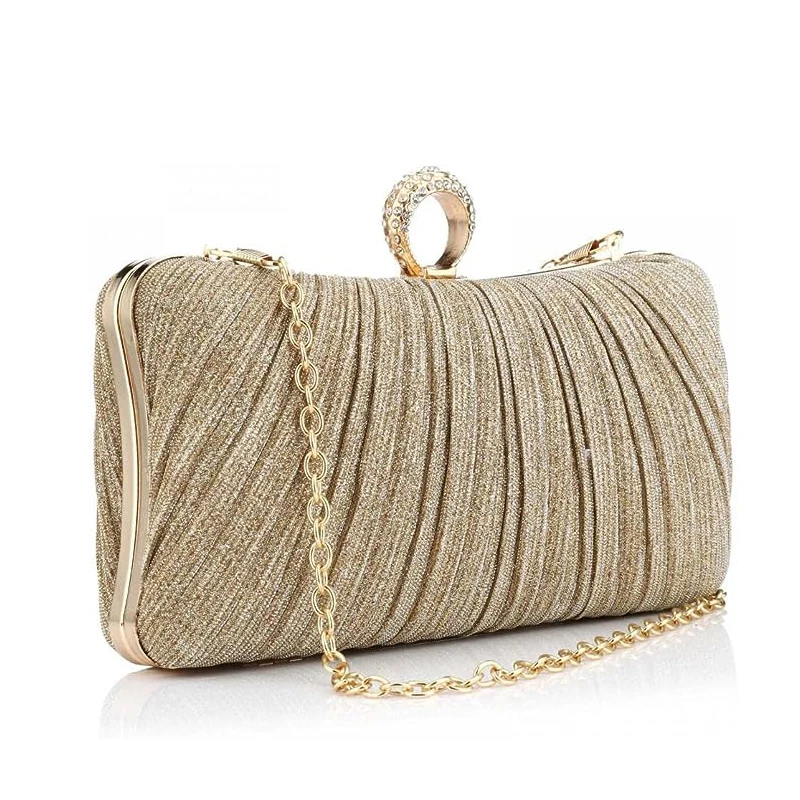 Womens Golden Glitter Clutch Purse Pleated Evening Bag for Bridal Wedding Party with Rhinestone Ring Clutches Chain Shoulder Bag