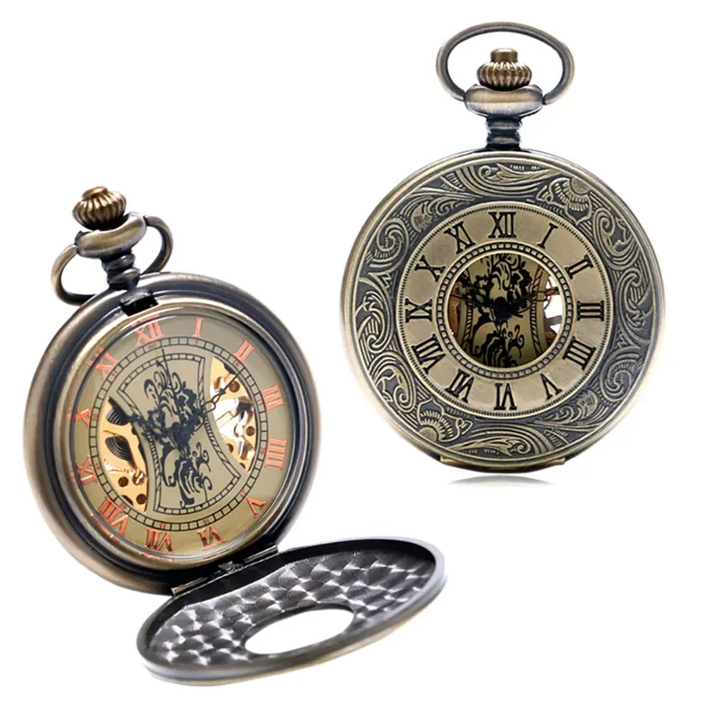 Bronze Roman Numerals Case Steampunk Pocket Watch Skeleton Mechanical Handwinding Clock with Fob Pendant Chain Gift To Men