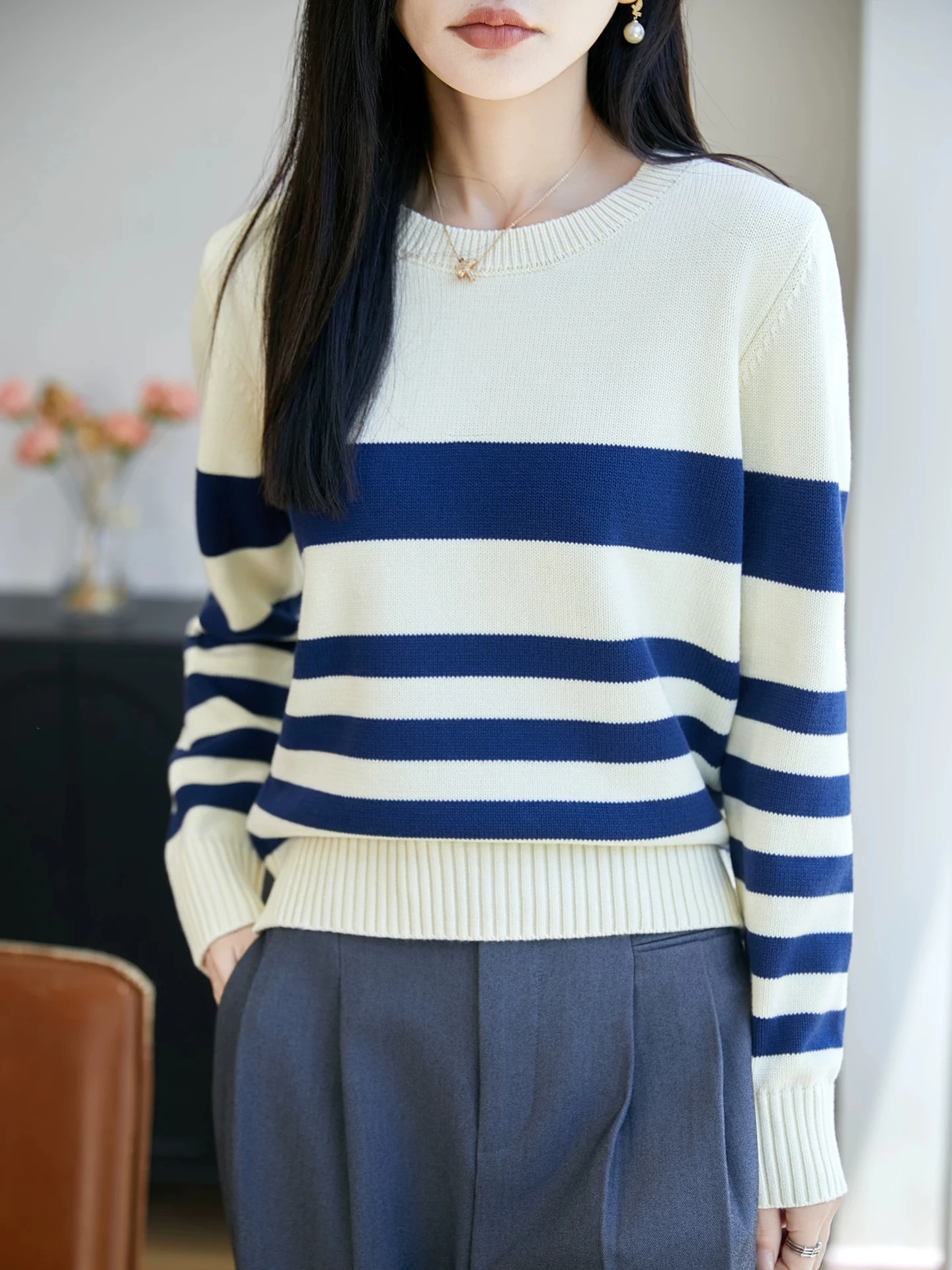 Loose Fit Striped Knitwear Women's round Neck Long Sleeve Pure Cotton Comfortable Warm Autumn Winter Sweater Top