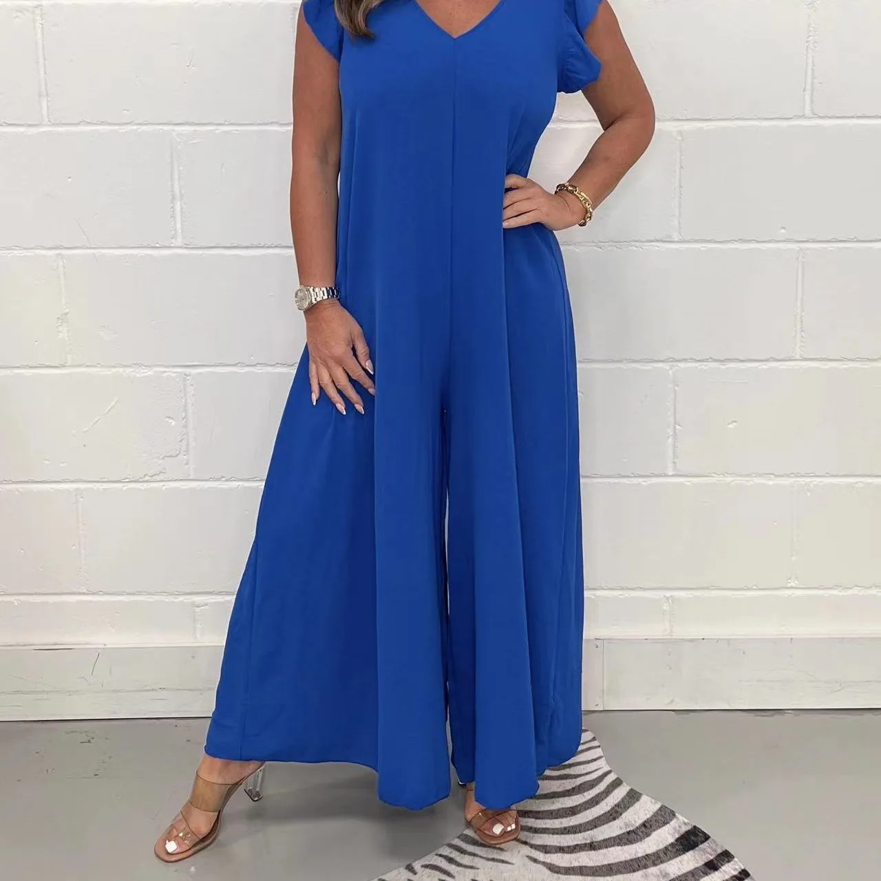 2024 Zomer Nieuwe Dameskleding Lace-up Ruche Rand Wijde pijpen Jumpsuit Effen Kleur Casual Mode Temperament Losse Mid-taille