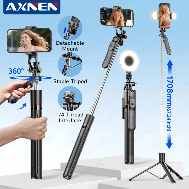 AXNEN New 1.7M Wireless Selfie Stick Tripod Foldable Stand For Gopro Action Camera Smartphones Balance Steady Shooting Live Vlog