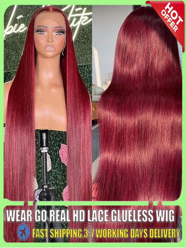 

Straight Burgundy 99J HD Lace Front Human Hair Wigs Glueless 360 4x4 5x5 180% Red Colored 13x4 HD Lace Frontal Wigs Human Hair