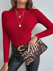 Suéter de punto rojo para mujer, suéteres básicos de manga larga con cuello levantado, Tops a rayas informales para primavera y otoño