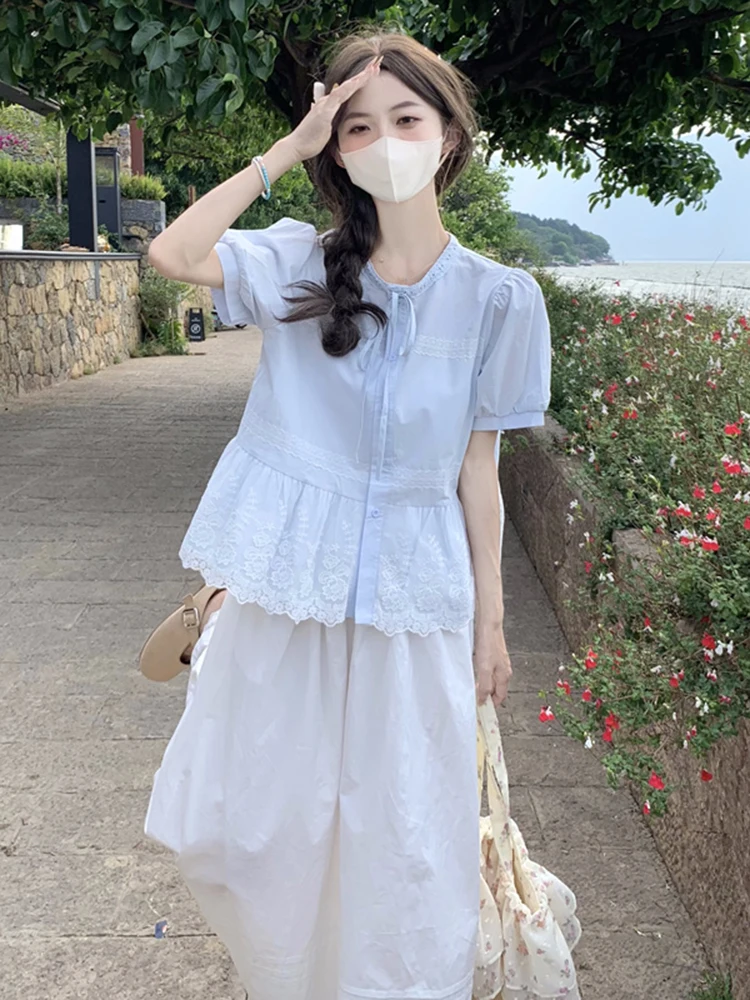 

Синяя хлопково-льняная рубашка с рукавами-фонариками для женщин, летняя новинка, приталенная, в стиле французского кукольного наряда, маленький размер, облегающий крой