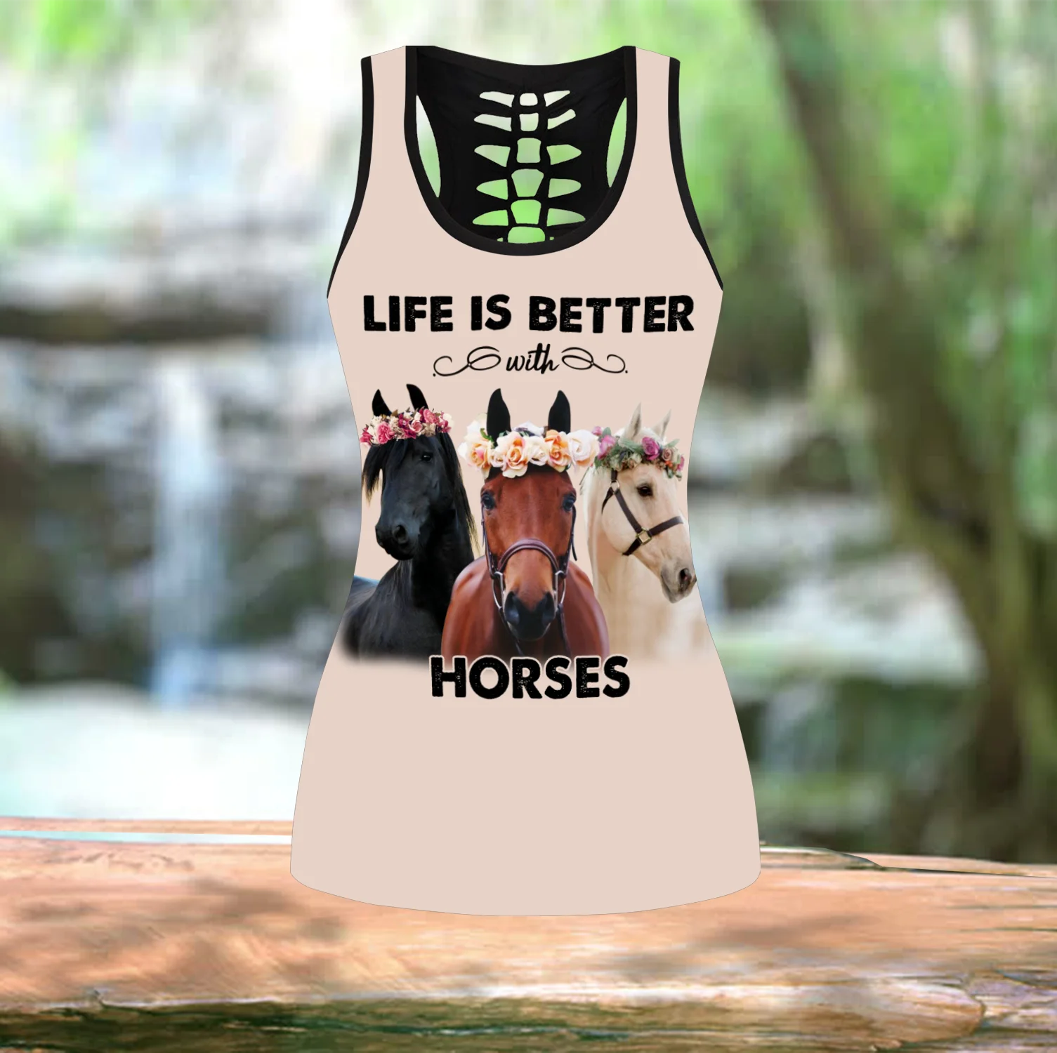La vida es mejor con el caballo 3D completamente estampado hueco camiseta sin mangas y Leggings conjunto Fitness mujer mallas de longitud completa DDK87