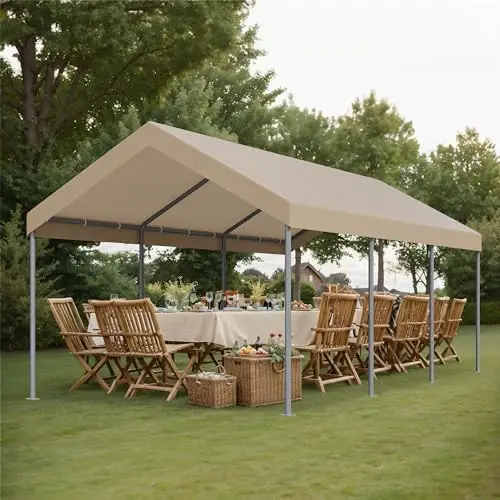 10x20 FT Carport, Portable Garage with Powder-Coated Steel Frame, 180g Waterproof PE Canopy, Outdoor Car Shelter for