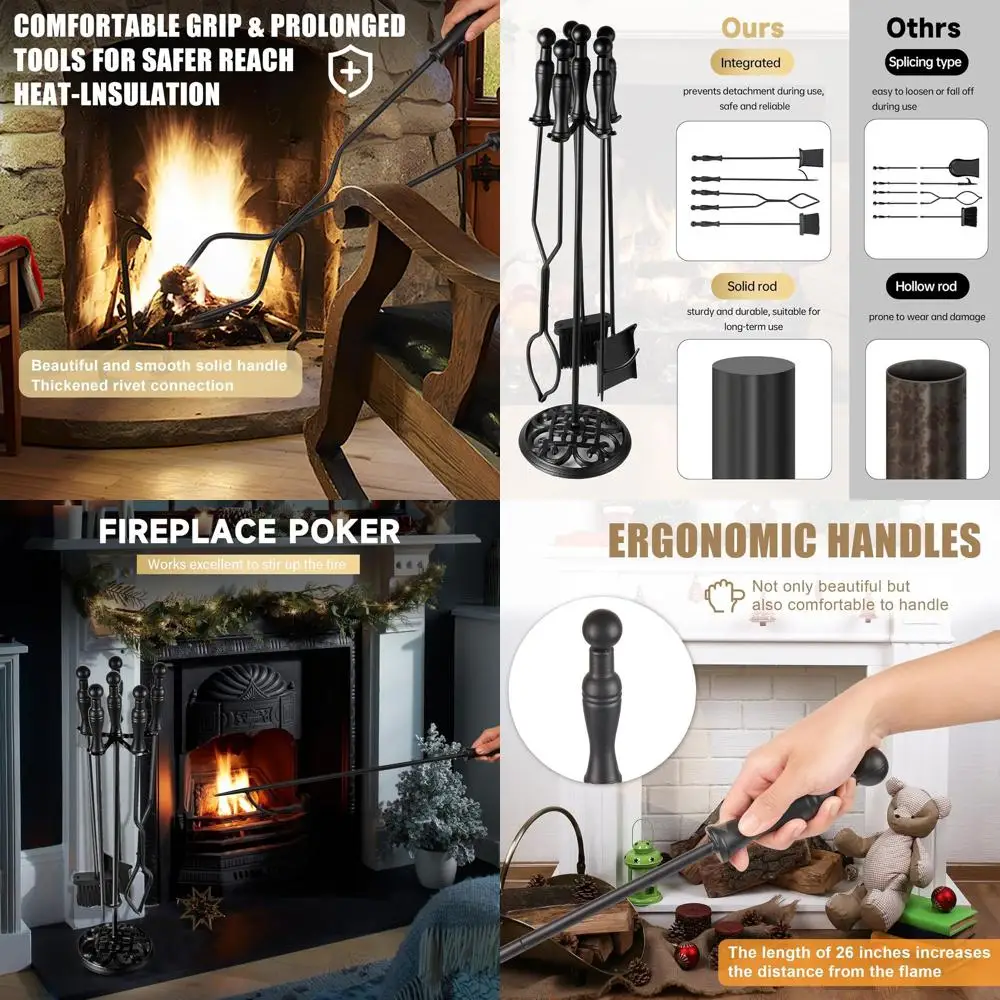 

Набор инструментов для камина из черного железа, 5 предметов, с подставкой, идеально подходит для использования в помещении и на открытом воздухе, в комплекте с покером, лопатой и щипцами