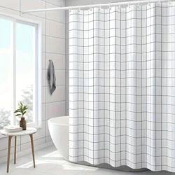 1Pc PEVA Shower Curtain White Grid Pattern Waterproof Bathroom Curtains with Hooks for Home Bathtub Partition Decoration