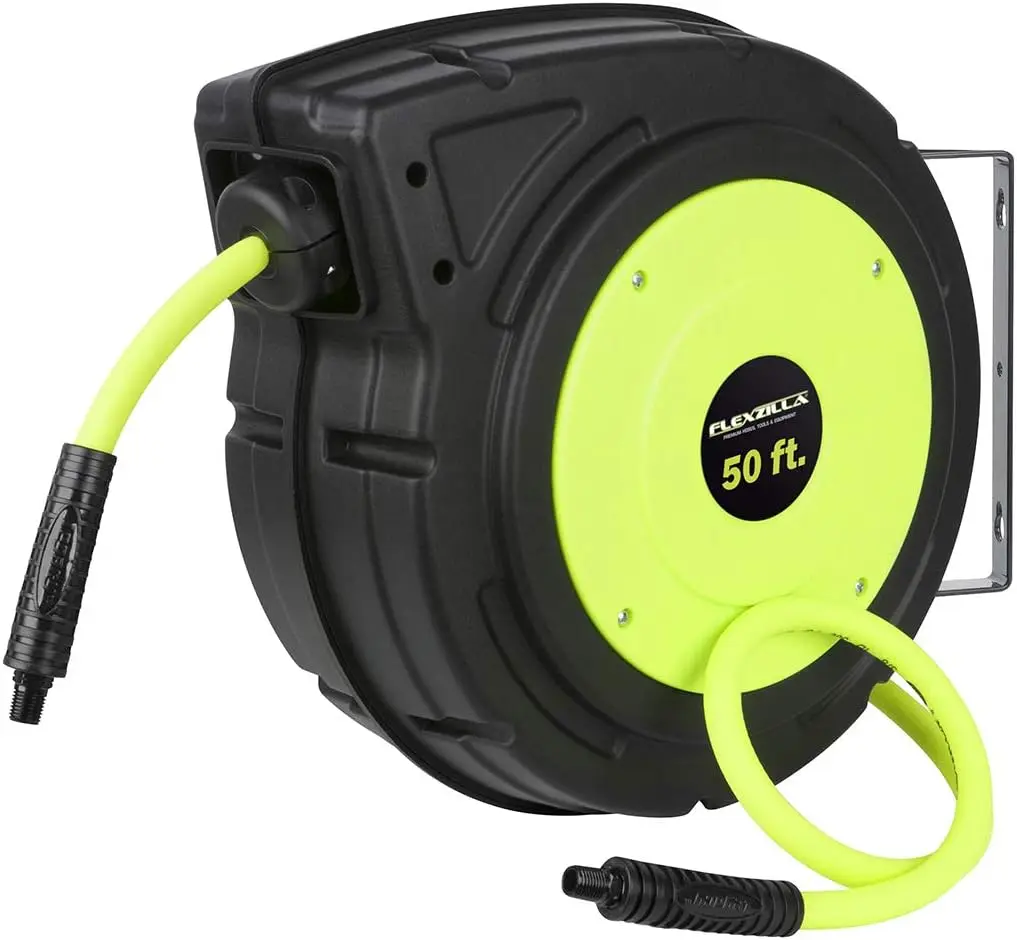 

Flexzilla Retractable Enclosed Plastic Air Hose Reel, 3/8 in. x 50 ft., Heavy Duty, Lightweight, Hybrid, ZillaGreen - L8250FZ