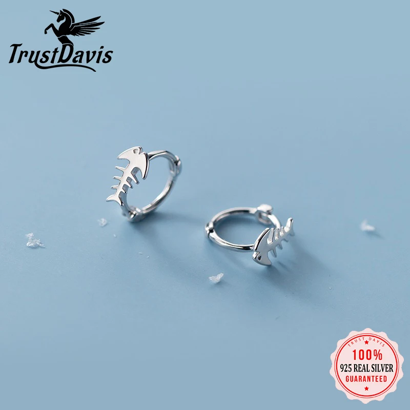TrustDavis Real S925 Sterling Silver Fashion Fish Bones Glossy Simplicity Hoop Earring for Women Wedding Jewelry DA1990