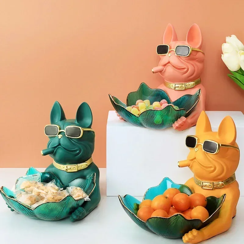 

Bulldog Figurines Decorative Fruit Bowl Animals Miniature Statue Ornaments for Home Office Decoration Storage Carved Collectible