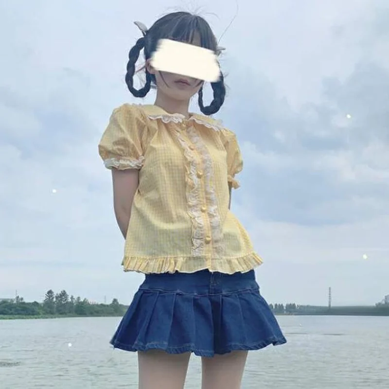 Shirts Women Peter Pan Collar Plaid Crop Top Slim Kawaii Lovely Sweet Classic Retro Basic College Ulzzang Gentle Ins Рубашки New
