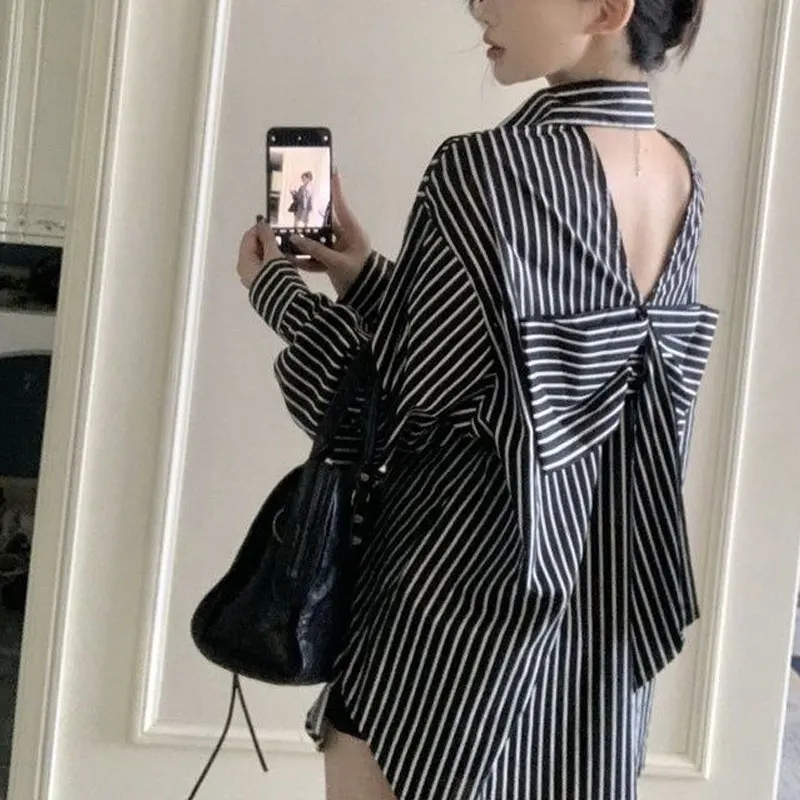 Fashion Backless Bow Blouse Women\'s Clothing Korean Loose Polo-Neck Spring Autumn Commute Basic Striped Single-breasted Shirt