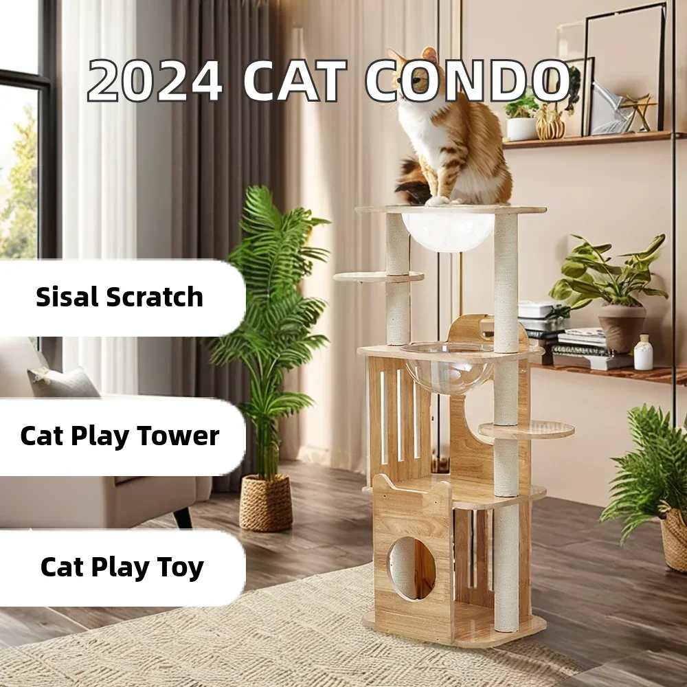 2024 New Style Indoor Cat Tree Sustainable Wood Pet Furniture Condo with Sisal Scratching Post Cotton Play House Activity Tower