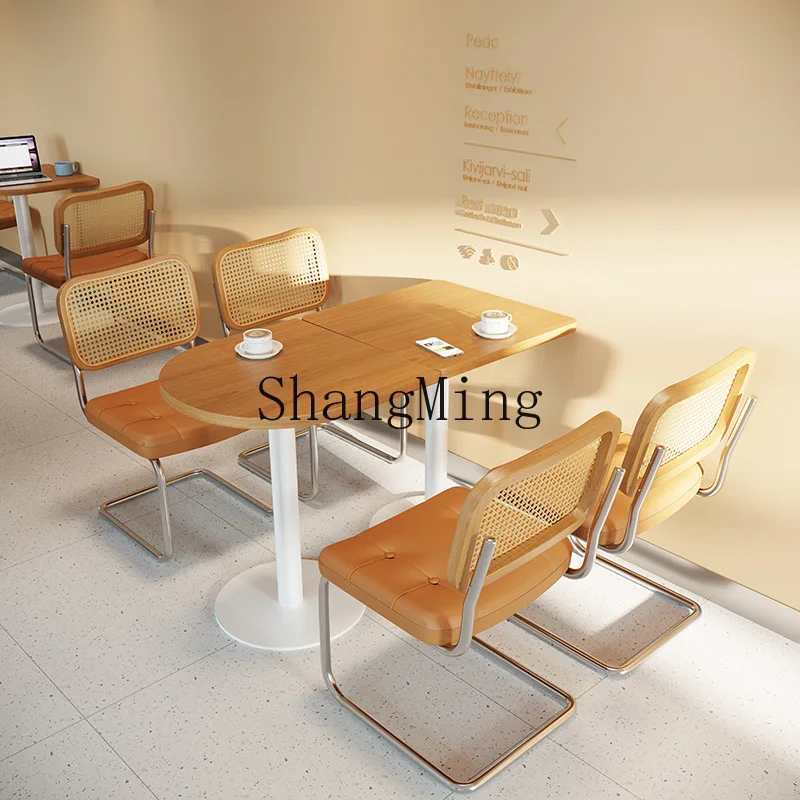 

SM milk tea dessert shop cafe solid wood dining table and chair combination rattan dining chair commercial