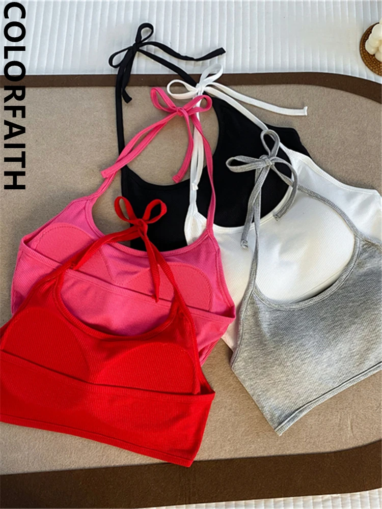 Colorfaith V6190ZS 2024 Lace Up Sexy Bottoming Bra Padding Elasticity Vests Women Spring Summer Tank & Camis Crop Short Tops