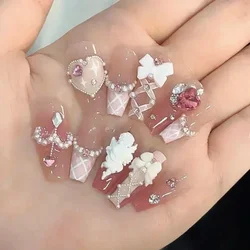 10pcs Handmade Acrylic Fake Nails with Glue Ballet Handmade Pearl Love Blush Pink Artificial Nails Full Cover Press on Nails Tip
