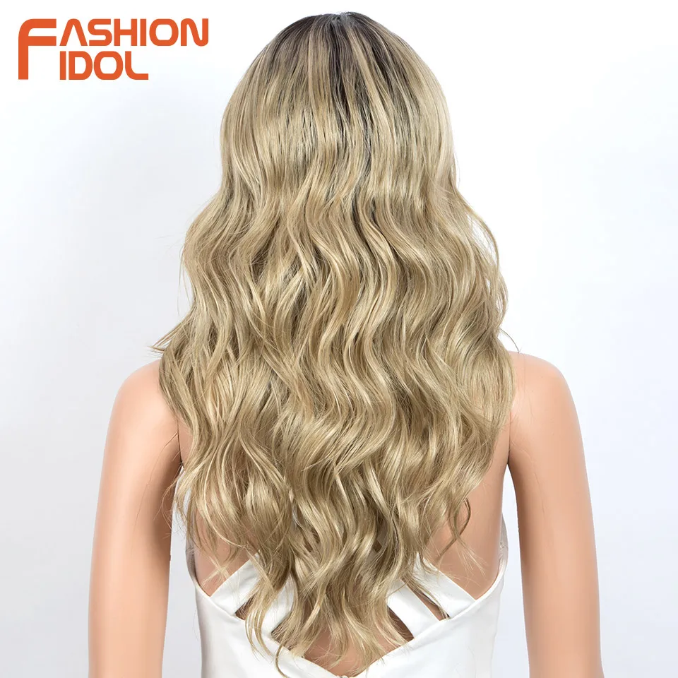 FASHION IDOL 20inch/50cm Body Wave Lace Wigs Synthetic With Baby Hair Wigs Brown Cosplay Wigs With Bangs Heat Resistant Fiber
