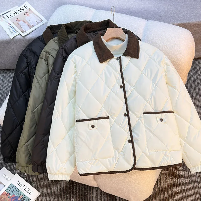 Diamond Grid Lapels Cotton Coat Loose Single Breasted Color Blocking Autumn Winter Jacket  Big Pockets Commute Women's Clothing