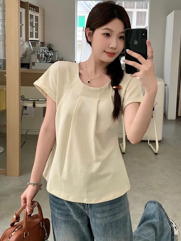 

plus Size Women's T-Shirt Summer New Style Slimming Versatile Design Pleated Short Sleeve round Neck Casual Comfortable Top