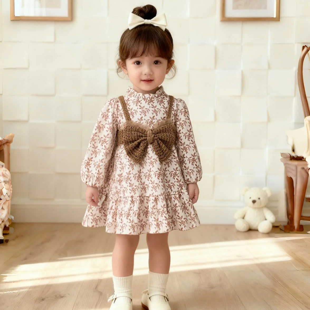 

Новое осеннее и зимнее платье для маленьких девочек с милым цветочным принтом, подходящее для повседневной детской одежды на открытом воздухе от 9 месяцев до 3 лет
