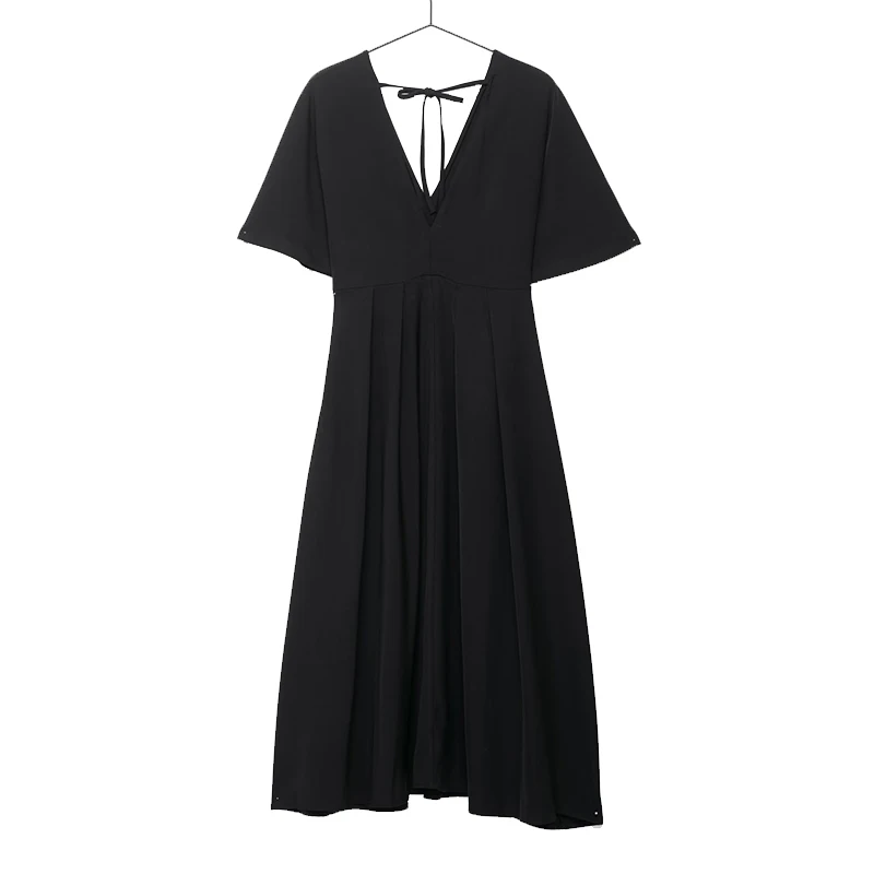 فستان Willshela للسيدات ذو ثنيات سوداء وأربطة متوسطة الطول عتيق ورقبة على شكل حرف V وأكمام قصيرة فساتين نسائية أنيقة #2