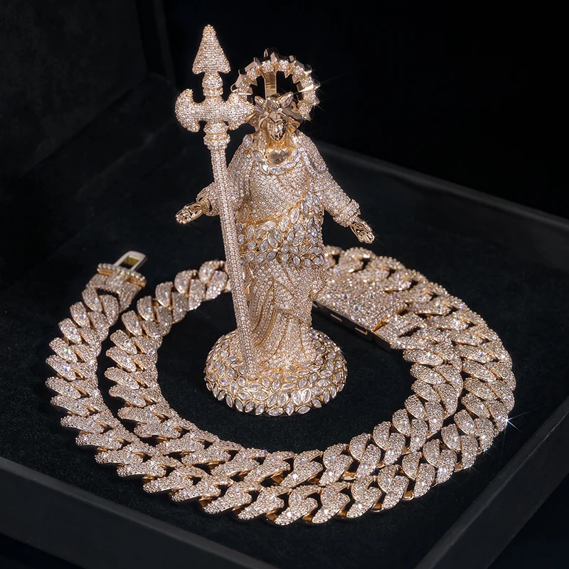 Hip Hop Bling Ice Out Trident Scepter Goddess Pendants Necklaces for Men Rapper Jewelry Rose Gold Silver Color
