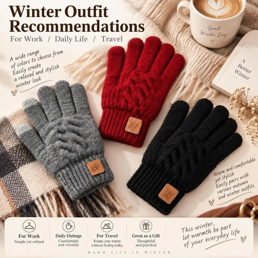 Classic Style Unisex Touch Screen Gloves Acrylic One Size Cable Knitted Gloves Thick Fleece Lined Gloves Cold Weather Wear
