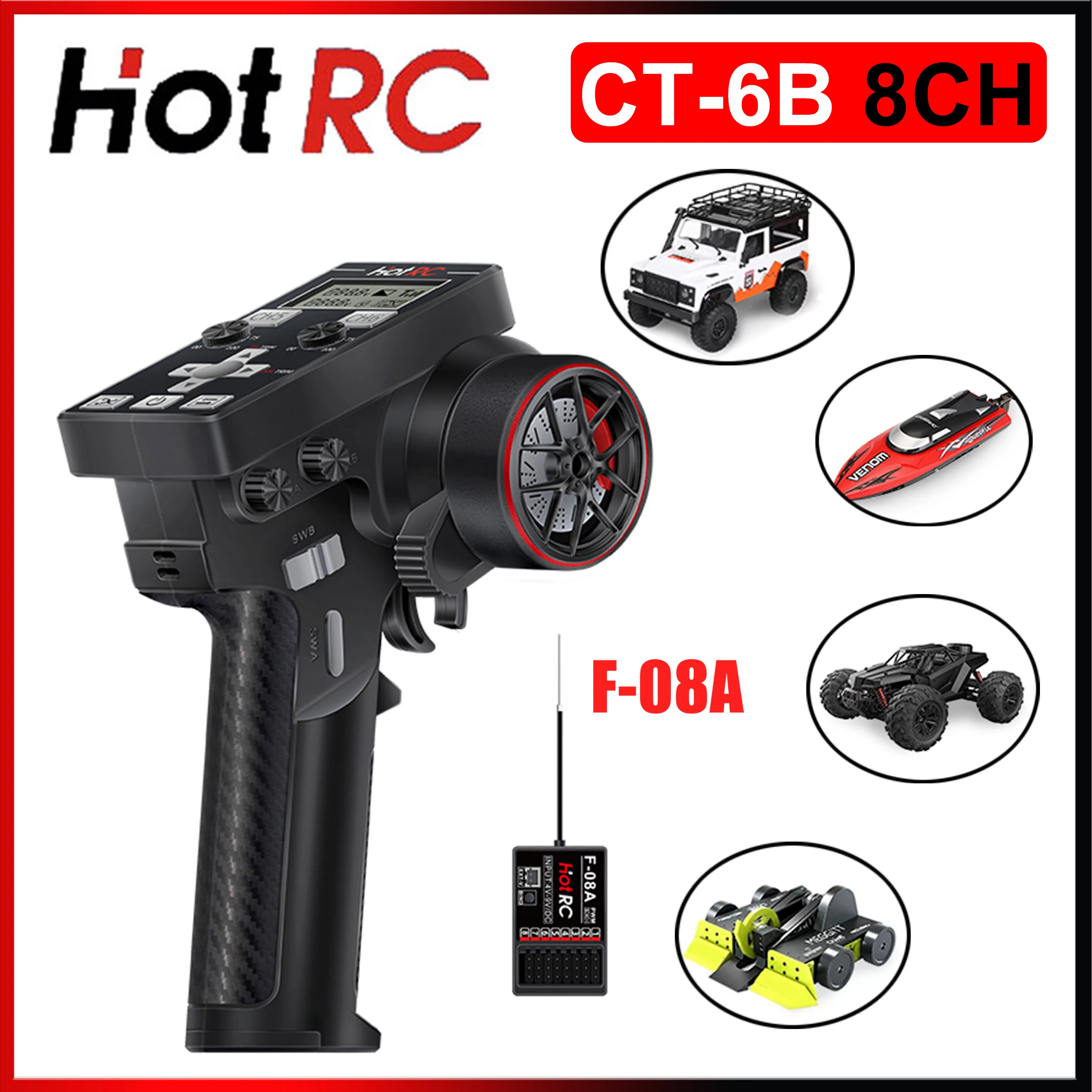 

HOTRC CT-6B 8CH 2.4G Radio System Transmitter Remote Control F-08A Voltage Return Receiver for RC Car Truck Tank Boat Toy Parts